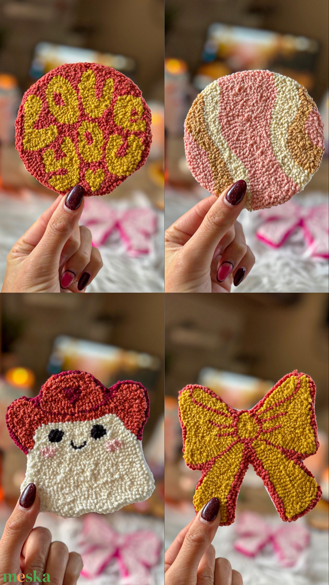 Hímzett poháralátét, 4 db-os szett (kör alakú, �love you, szellem, masni) - otthon & életmód - dekoráció - dísztárgy - Meska.hu