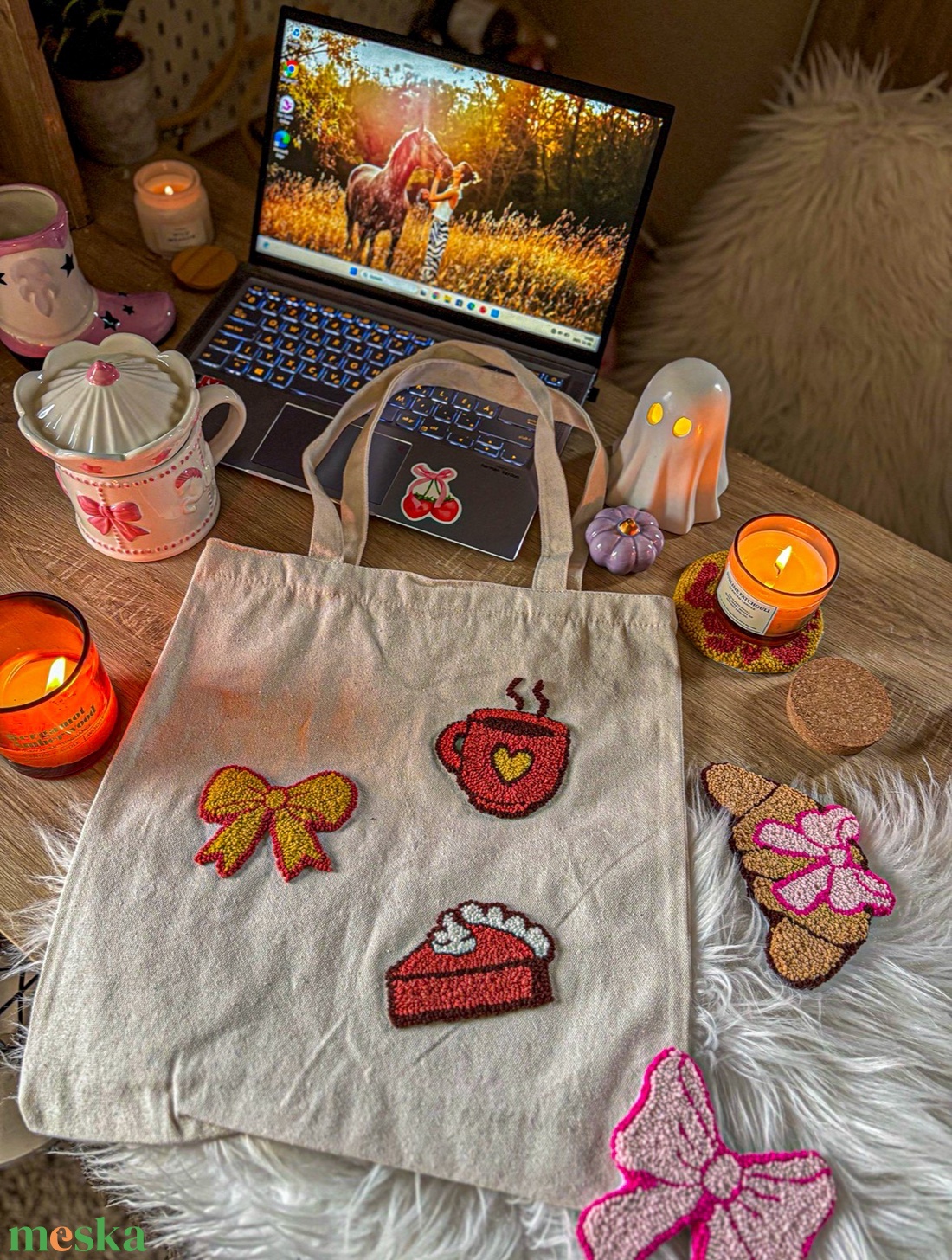 Hímzett vászontáska, süti, bögre, masni - táska & tok - bevásárlás & shopper táska - shopper, textiltáska, szatyor - Meska.hu