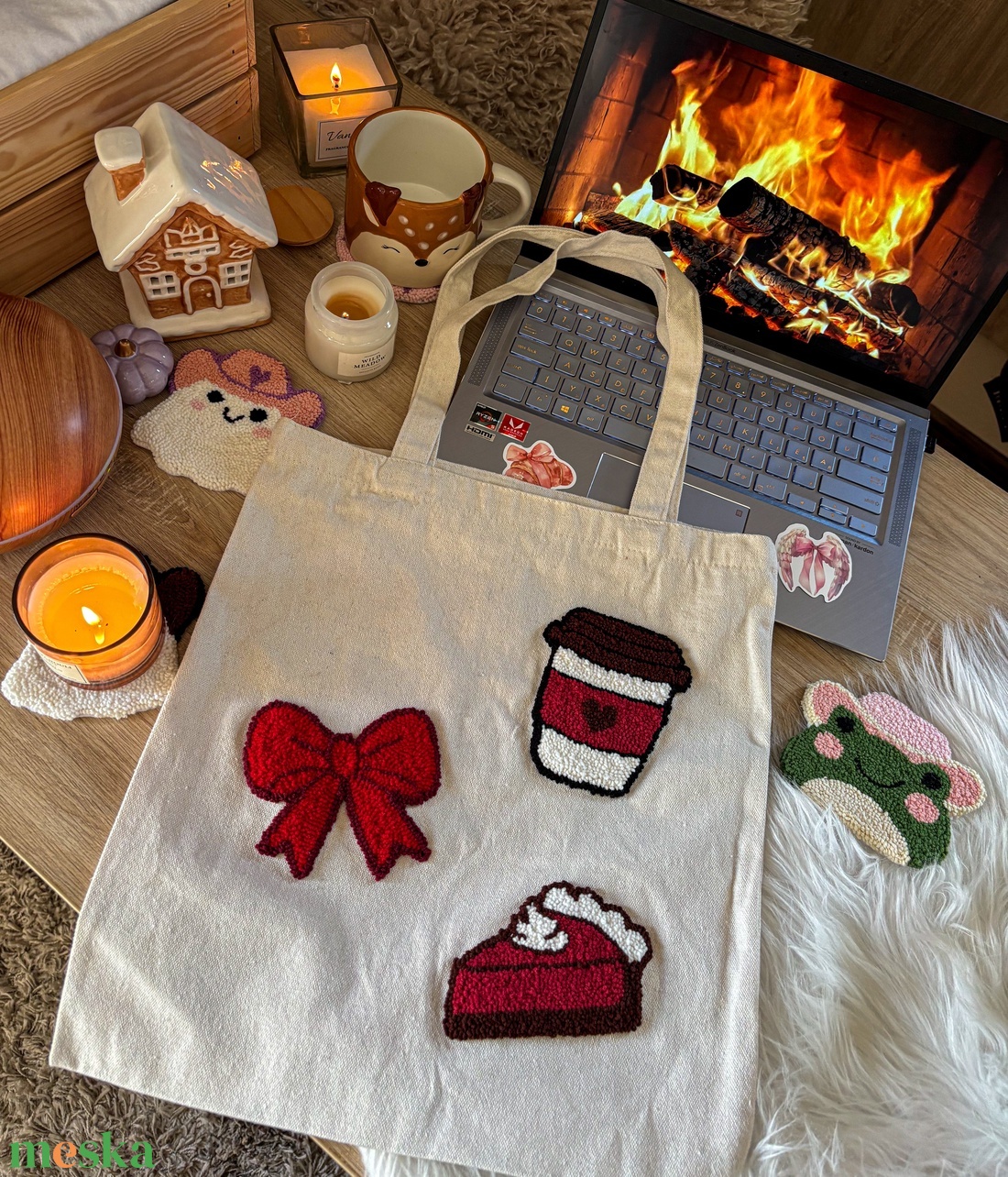 Vászontáska, masni, süti, kávé - táska & tok - bevásárlás & shopper táska - shopper, textiltáska, szatyor - Meska.hu