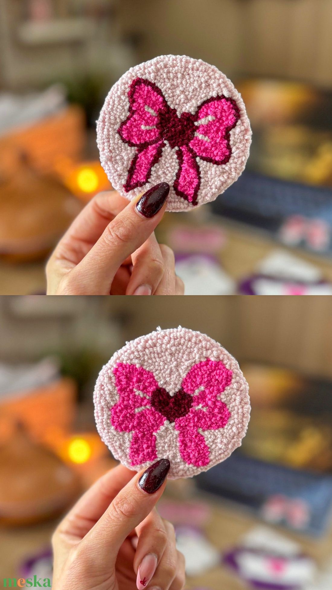 Hímzett autós poháralátét, szív masni minta  - otthon & életmód - autó - autós matrica - Meska.hu