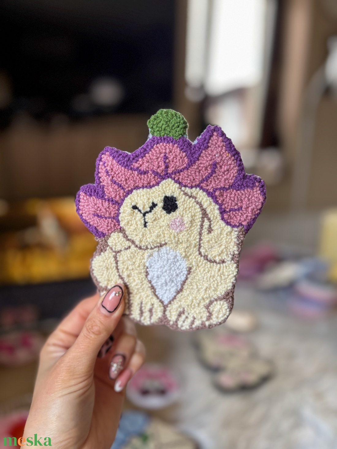 Hímzett poháralátét, virágos nyuszi - otthon & életmód - konyhafelszerelés, tálalás - tálalás - tányér- és poháralátét - Meska.hu