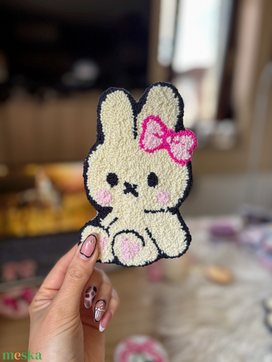 hímzett poháralátét, masnis nyuszi  - otthon & életmód - konyhafelszerelés, tálalás - tálalás - tányér- és poháralátét - Meska.hu