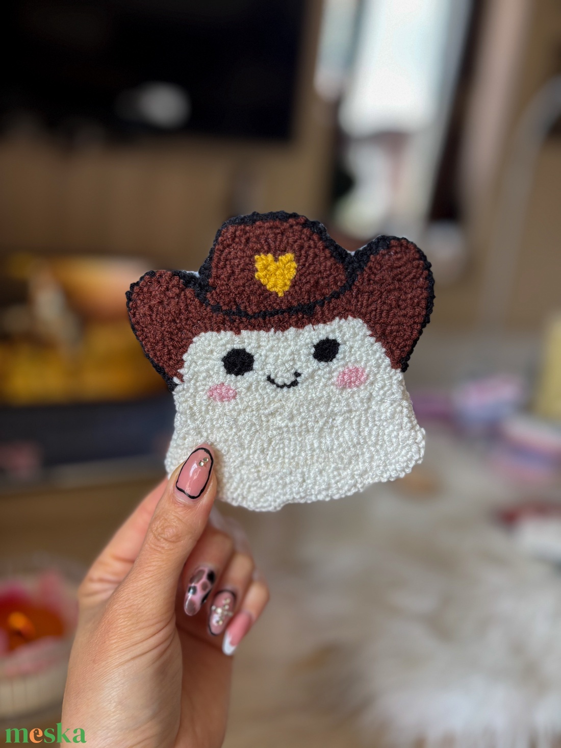 Hímzett poháralátét, barna kalapos cowboy szellem - otthon & életmód - dekoráció - asztal és polc dekoráció - asztaldísz - Meska.hu