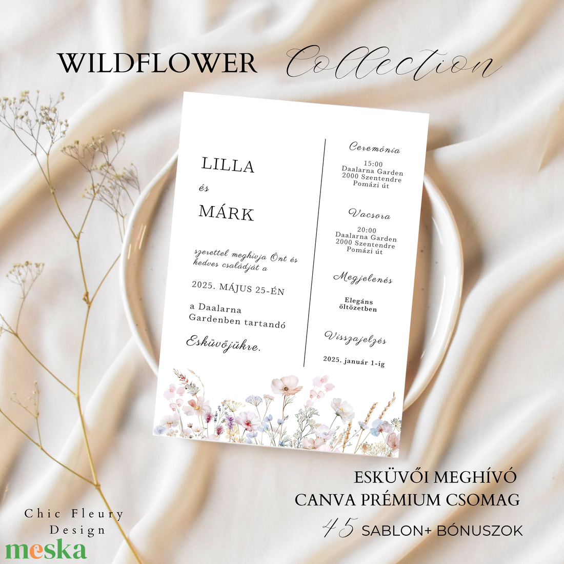 Esküvői meghívó digitális Canva prémium sablon csomag, Wildflower Collection - művészet - grafika & illusztráció - digitális - Meska.hu