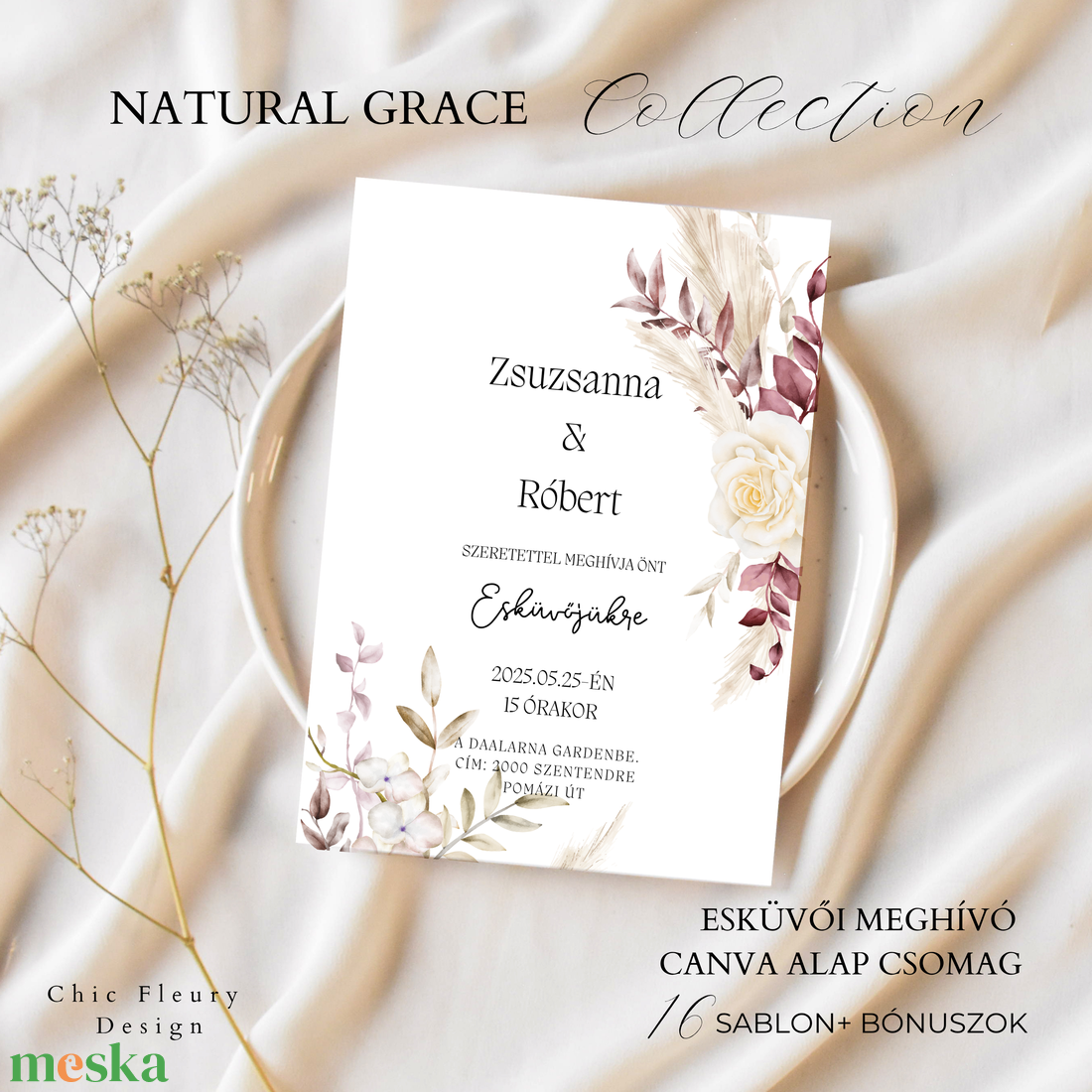Esküvői meghívó digitális Canva alap sablon csomag, Natural Grace Collection - művészet - grafika & illusztráció - digitális - Meska.hu