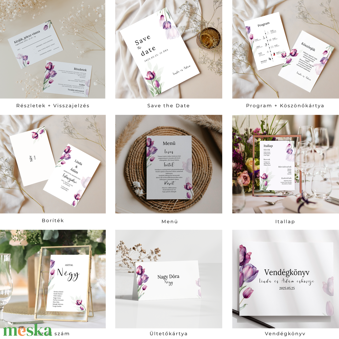 Esküvői meghívó digitális Canva alap sablon csomag, Purple Tulip Love Collection - művészet - grafika & illusztráció - digitális - Meska.hu