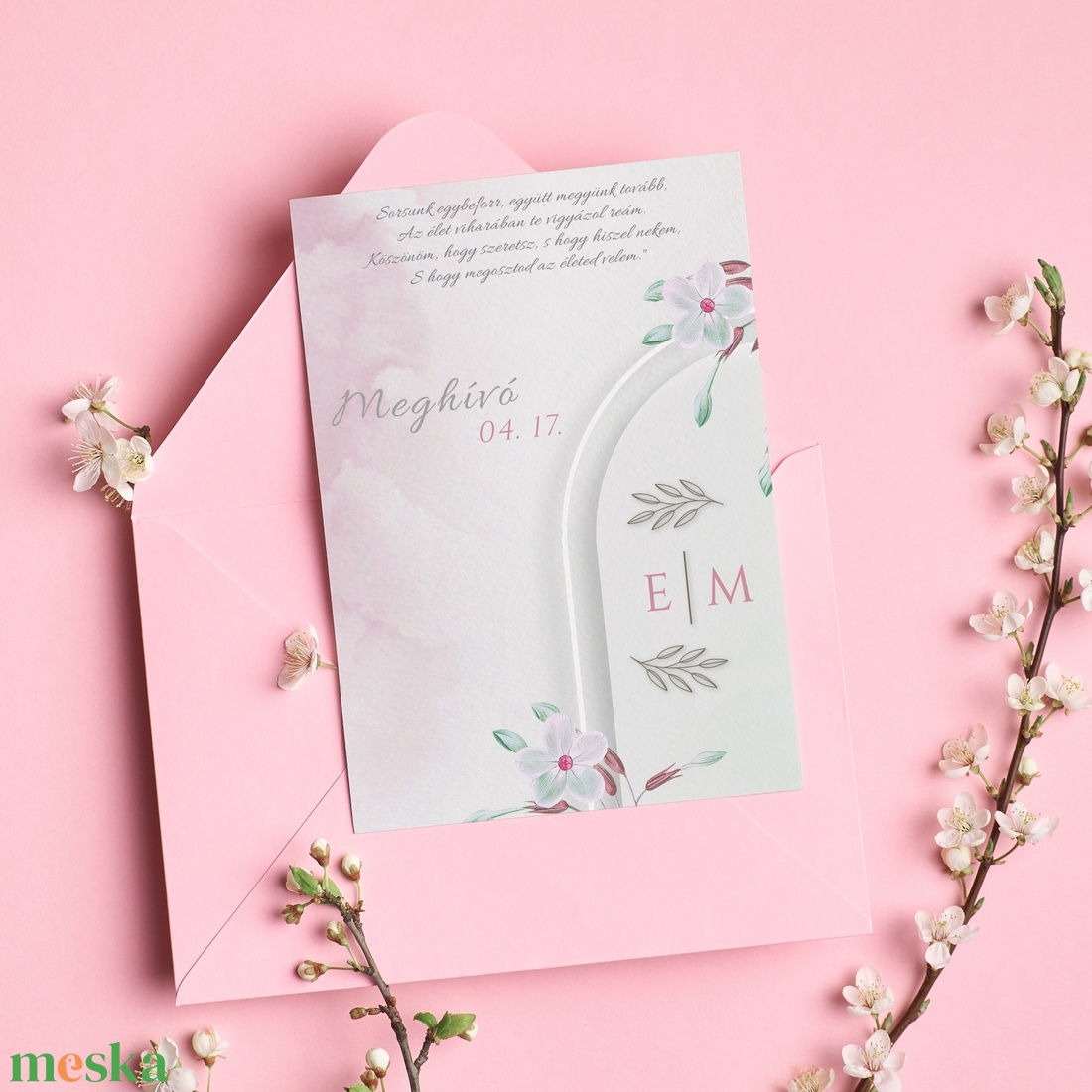 ROSELEAF Esküvői Meghívó, Rózsaszín Esküvői Meghívó, Leveles Esküvői Meghívó, Minimal Esküvői Meghívó - esküvő - meghívó & kártya - meghívó - Meska.hu