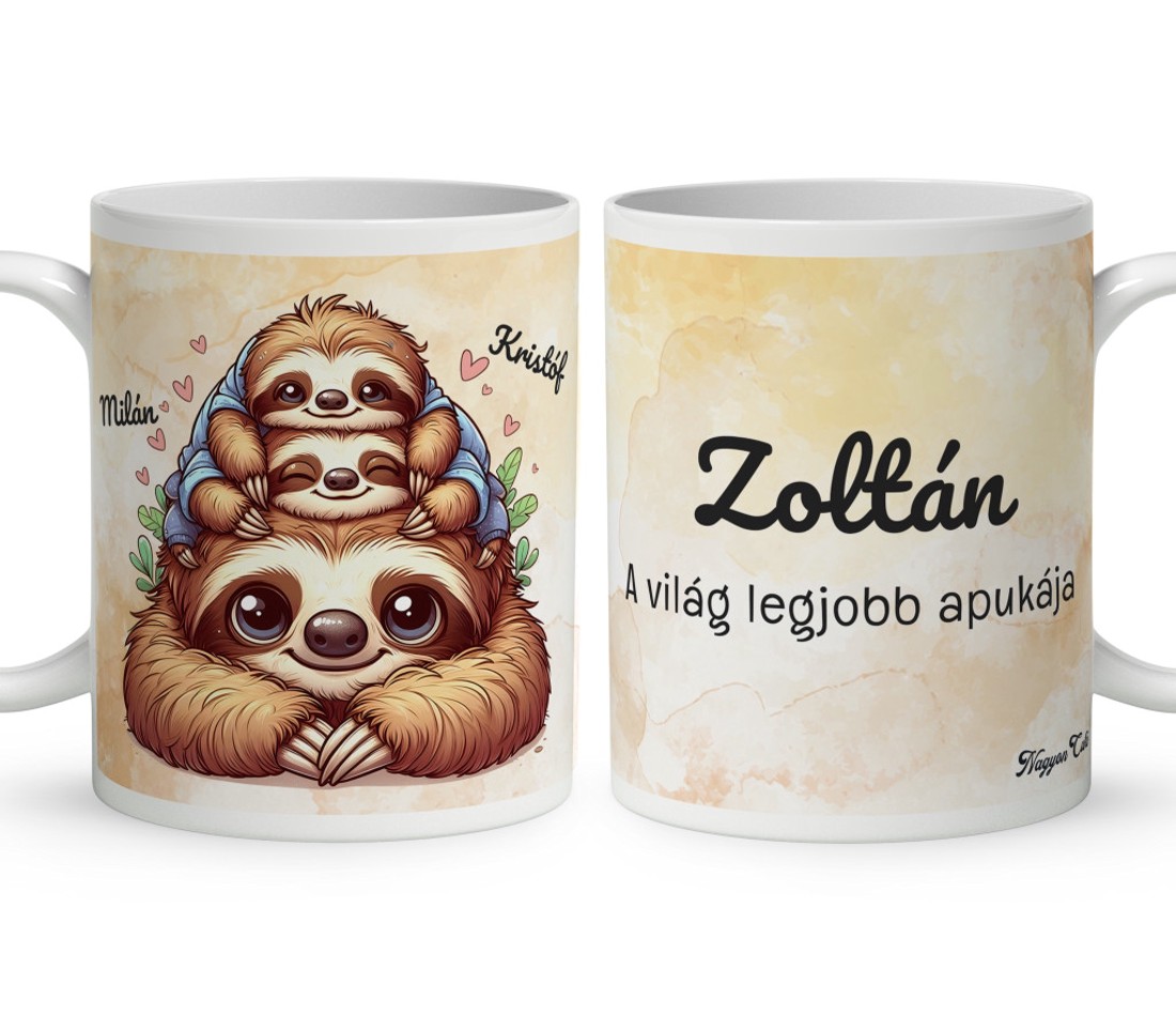 Névvel kérhető - Cuki lajhár Apa és két gyerek - Kicsi a rakás mintás bögre - otthon & életmód - konyhafelszerelés, tálalás - tálalás - bögre & csésze - Meska.hu