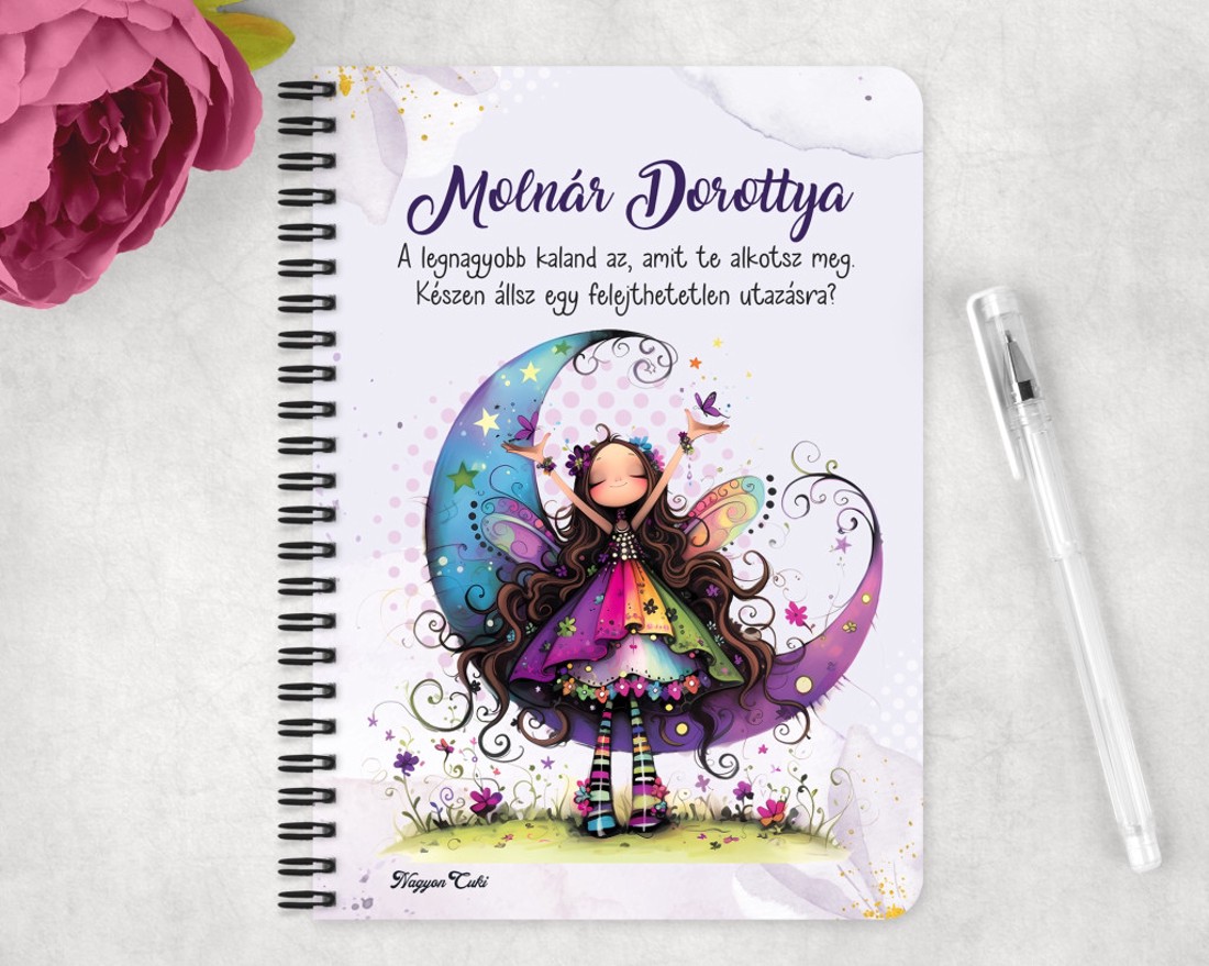 Személyre szabható - Aranyos lila virágos tündér és a hold mintás A5-ös füzet - otthon & életmód - papír, írószer - jegyzetfüzet & napló - Meska.hu