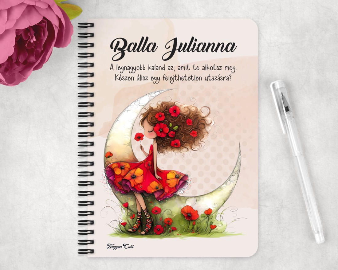 Személyre szabható - Aranyos pipacs tündérlány és a hold mintás A6-os füzet - otthon & életmód - papír, írószer - jegyzetfüzet & napló - Meska.hu