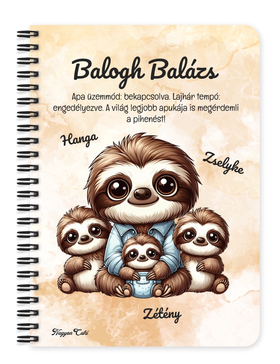 Személyre szabható - Cuki lajhár Apa és három kis lajhár mintás A6-os füzet - otthon & életmód - papír, írószer - jegyzetfüzet & napló - Meska.hu