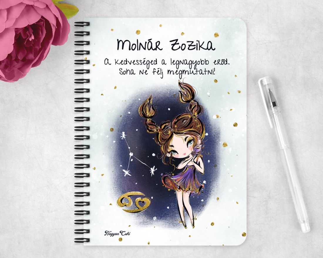 Személyre szabható - Barna hajú Csini Rák lány mintás A5-ös füzet - otthon & életmód - papír, írószer - jegyzetfüzet & napló - Meska.hu