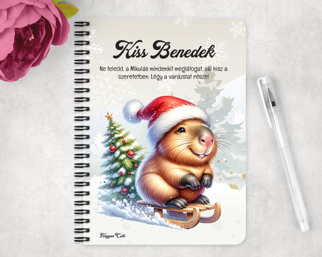 Személyre szabható - Vidám szánkós capybara mintás A6-os füzet - otthon & életmód - papír, írószer - jegyzetfüzet & napló - Meska.hu
