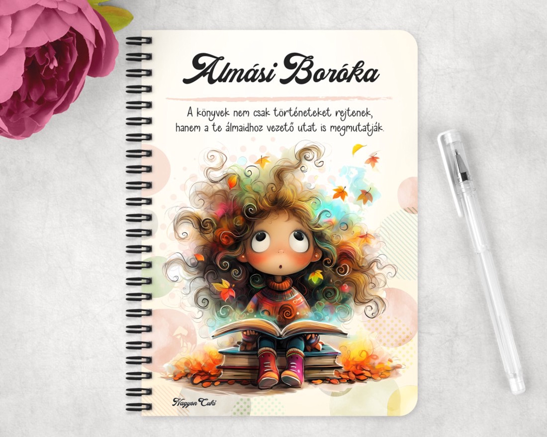 Személyre szabható - Álmodó őszi Könyvmoly lány mintás A5-ös füzet - otthon & életmód - papír, írószer - jegyzetfüzet & napló - Meska.hu