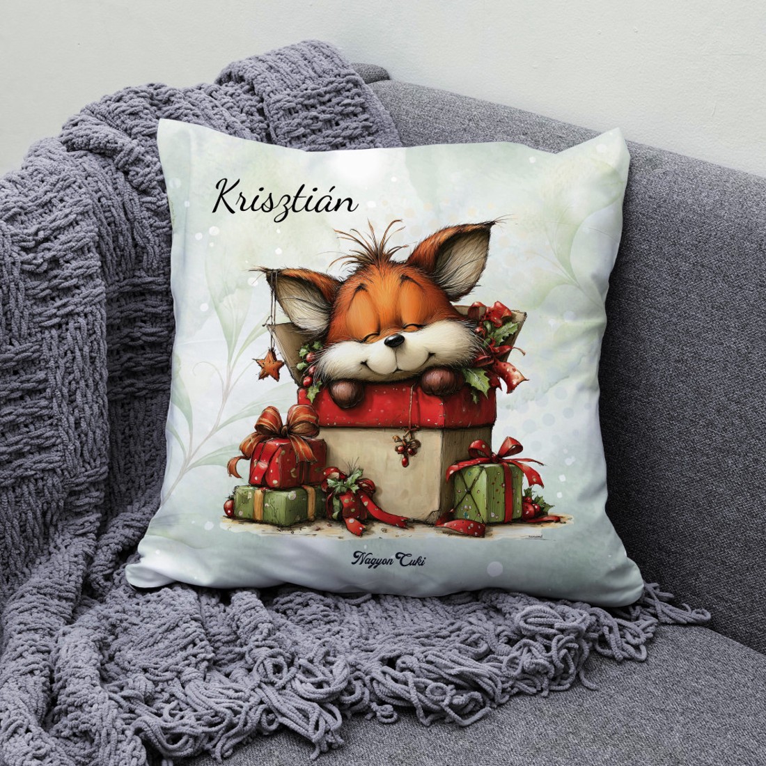 Névvel kérhető - Cuki karácsonyi róka és az ajándékok mintás párna - otthon & életmód - lakástextil - párna & párnahuzat - díszpárna (belsővel együtt) - Meska.hu
