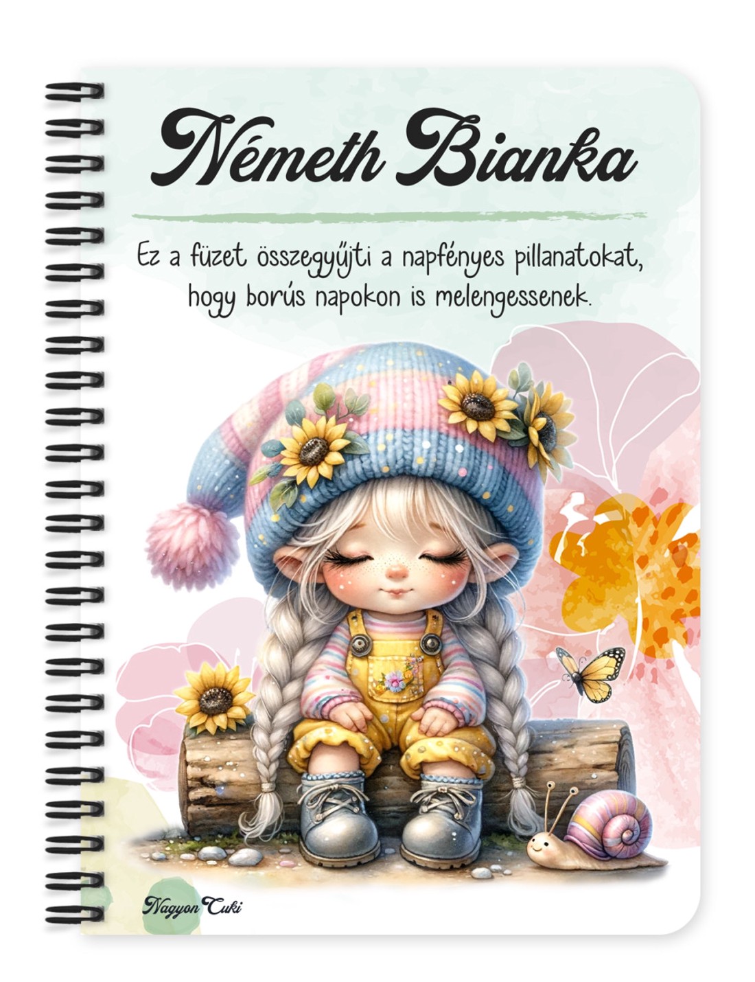 Személyre szabható - Cuki csigás napraforgós manó lány mintás A6-os füzet - otthon & életmód - papír, írószer - jegyzetfüzet & napló - Meska.hu