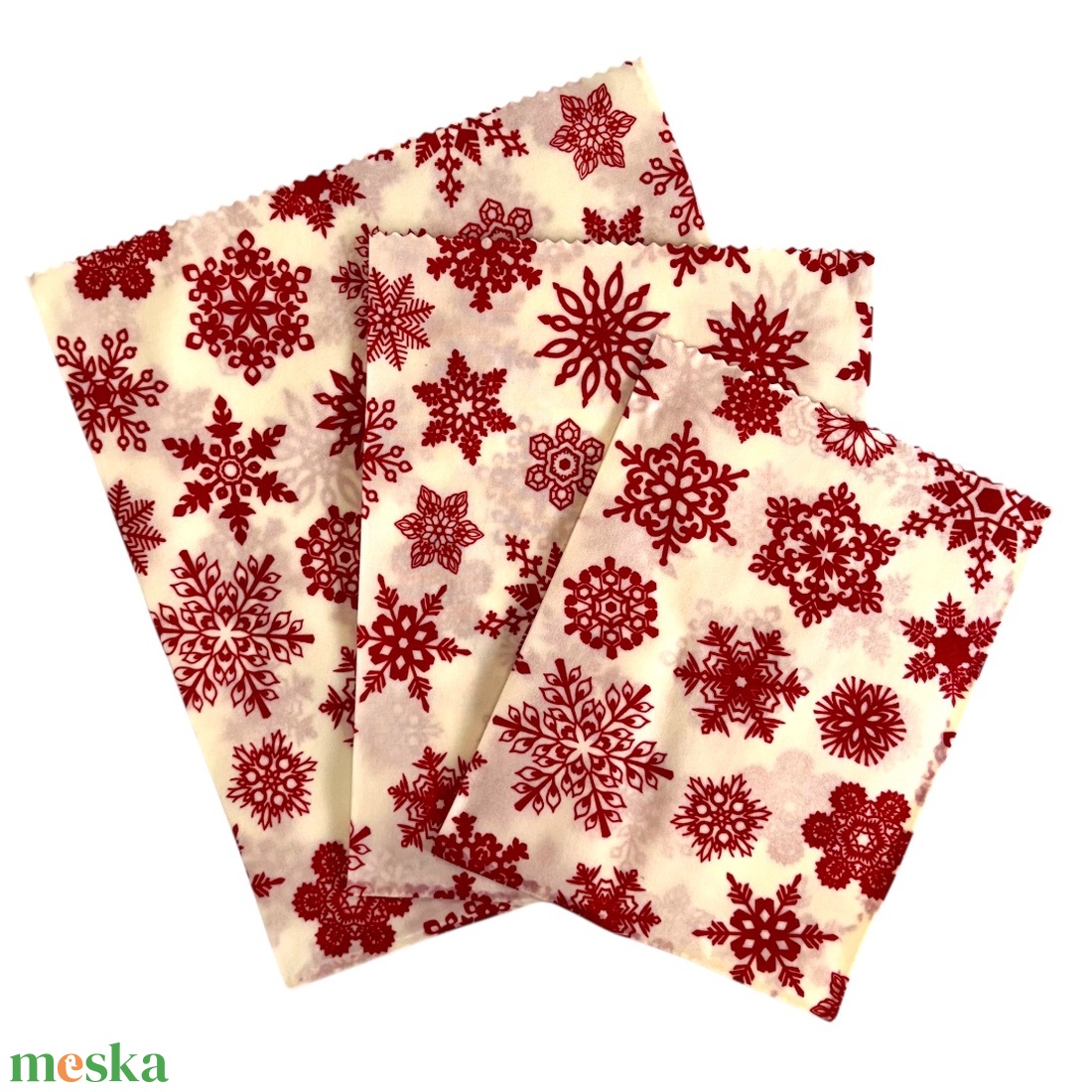 Méhviaszos tasak 3 méretben (Fehér-Piros Hópelyhes) - táska & tok - uzsonna- & ebéd tartó - szendvics csomagoló - Meska.hu