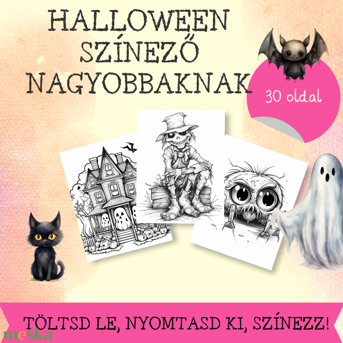 Halloween színező nagyobbaknak - otthon & életmód - dekoráció - halloween - halloweeni meghívó, képeslap, ajándékkísérő - Meska.hu