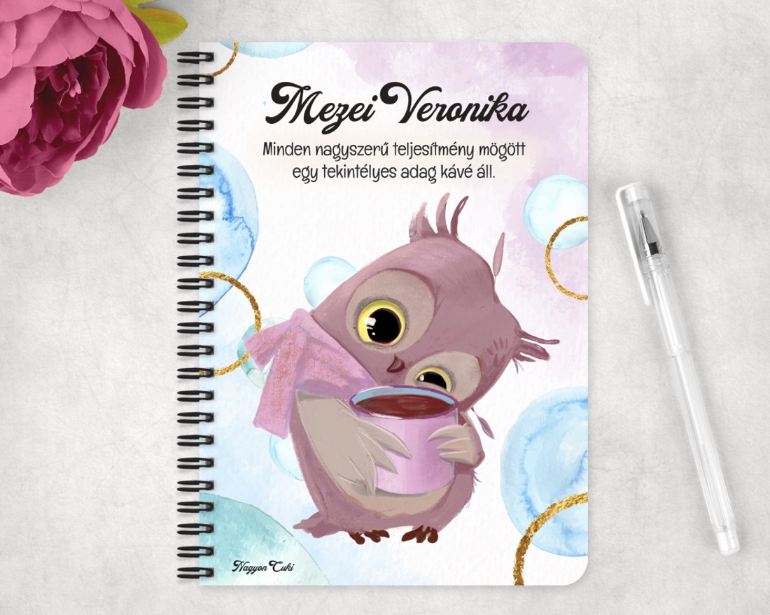 Személyre szabható - Cuki kávés bagoly mintás A5-ös füzet - otthon & életmód - papír, írószer - jegyzetfüzet & napló - Meska.hu