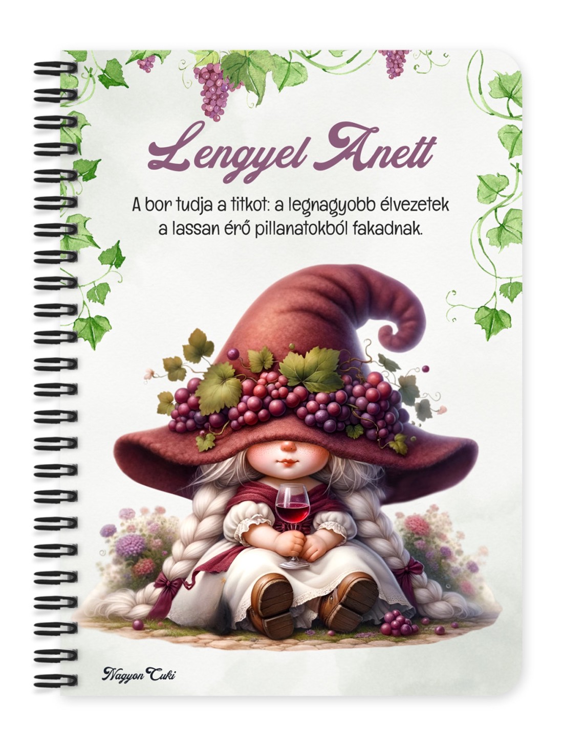 Személyre szabható - Egy pohár bor és a borász manó lány mintás A5-ös füzet - otthon & életmód - papír, írószer - jegyzetfüzet & napló - Meska.hu