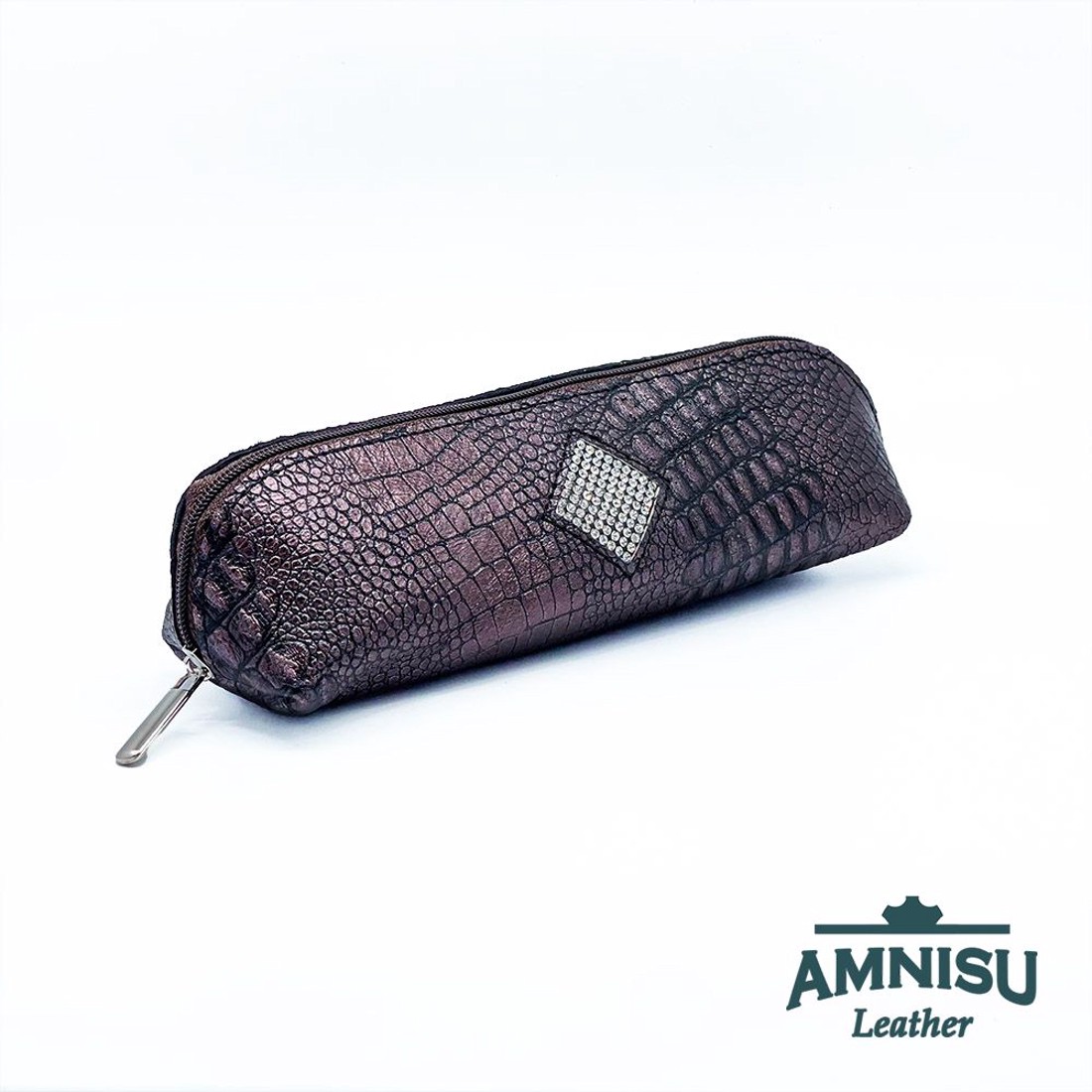 Metál barna krokkómintás rombusz swarovski köves bőr neszeszer / tolltartó K4029 - táska & tok - neszesszer - Meska.hu