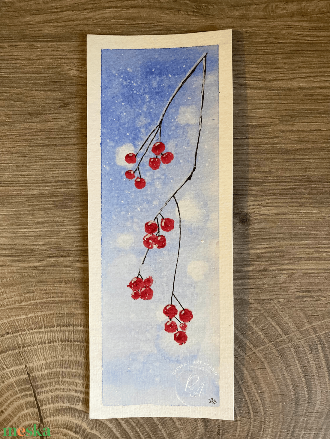 Téli mintájú bogyós könyvjelző kék háttérrel - művészet - festmény - akvarell - Meska.hu