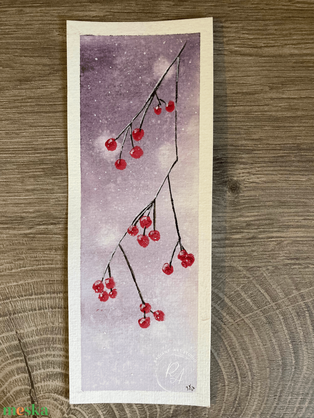 Téli mintájú bogyós könyvjelző lila háttérrel - művészet - festmény - akvarell - Meska.hu