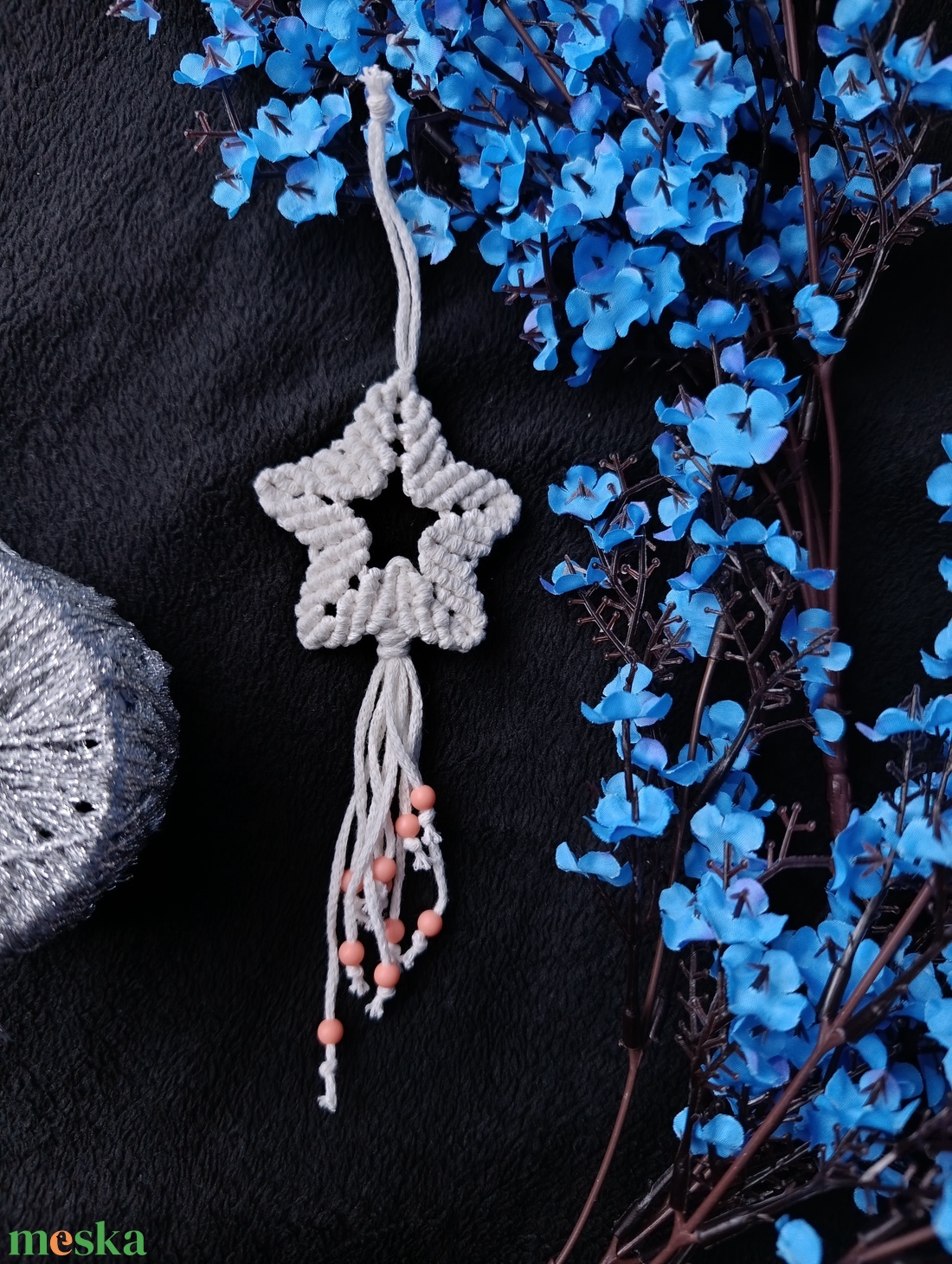 Macrame Csillag karácsonyi dísz - Rózsaszín gyönggyel - karácsony - karácsonyi lakásdekoráció - karácsonyi lakásdíszek - Meska.hu