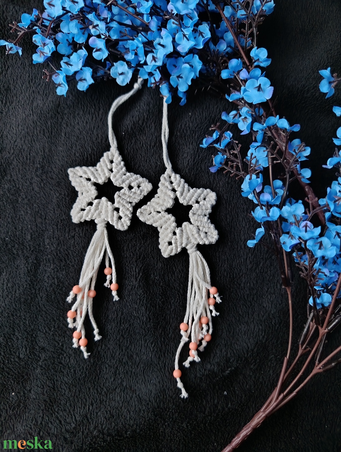 Páros macrame csillag karácsonyi dísz rózsaszín gyönggyel - karácsony - karácsonyi lakásdekoráció - karácsonyi lakásdíszek - Meska.hu