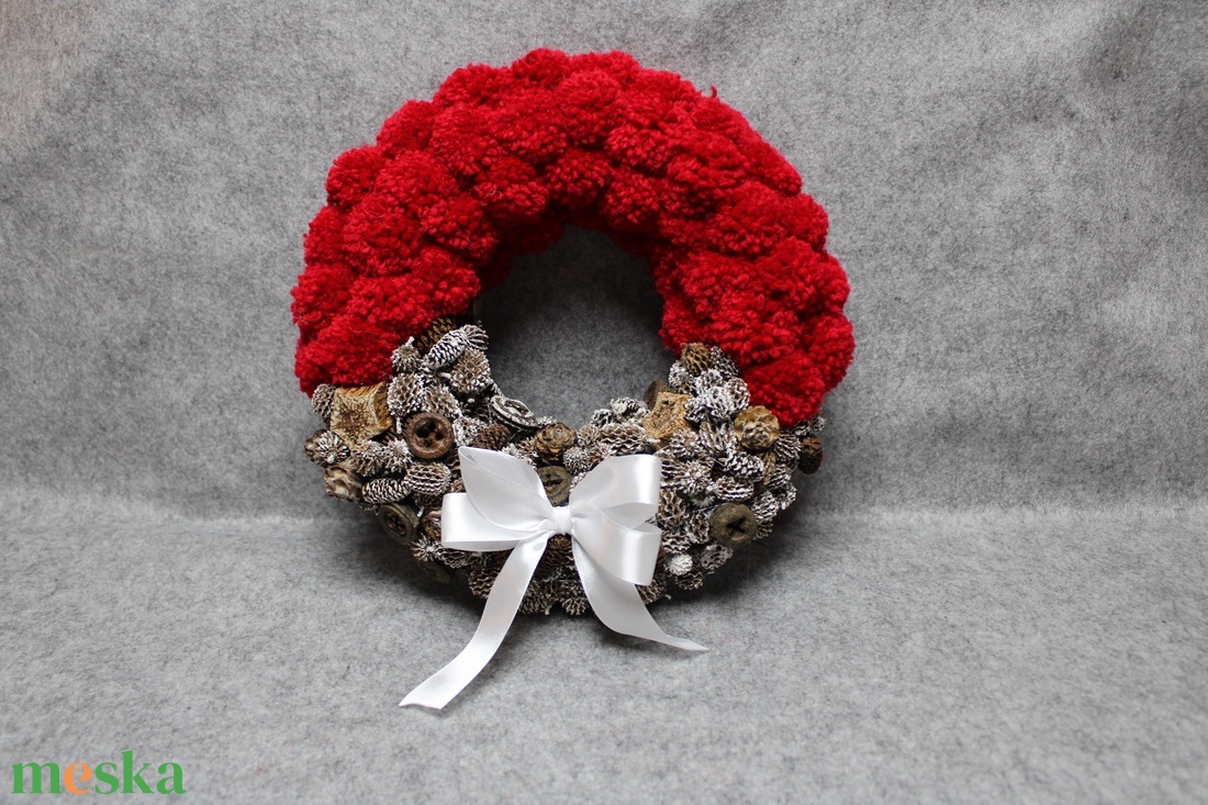 Adventi piros pompon koszorú - bordó, barna - karácsony - adventi díszek - adventi ajtódísz - Meska.hu