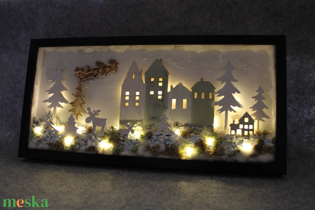 Téli város karácsonyi kép világítással és Mikulással - karácsony - karácsonyi lakásdekoráció - karácsonyi fénydekoráció - Meska.hu