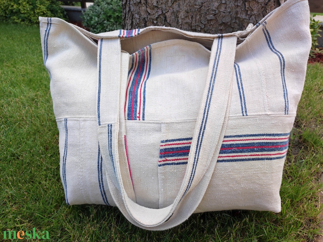 Nowaste zsákvászon táska kék piros csíkos - táska & tok - kézitáska & válltáska - nagy pakolós táska - Meska.hu
