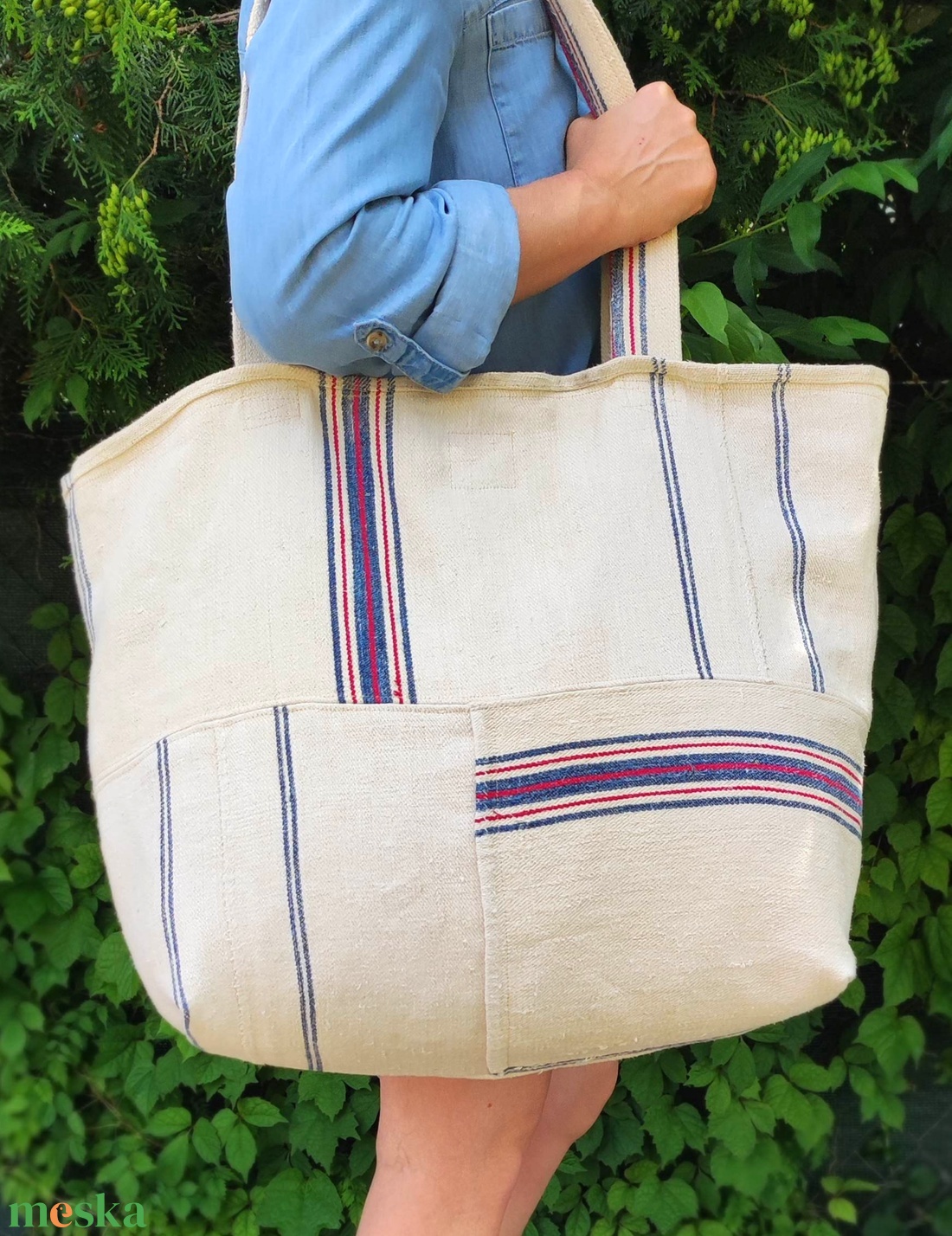 Nowaste zsákvászon táska kék piros csíkos - táska & tok - kézitáska & válltáska - nagy pakolós táska - Meska.hu