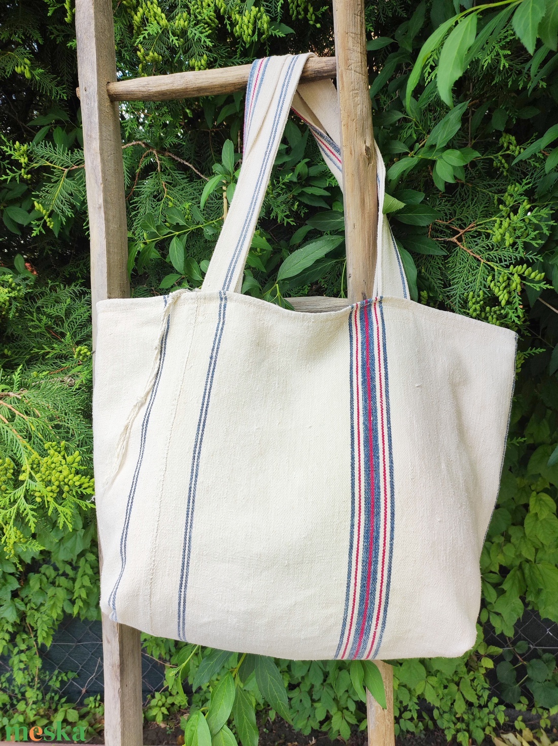 Nowaste zsákvászon táska kék piros csíkos - táska & tok - kézitáska & válltáska - nagy pakolós táska - Meska.hu