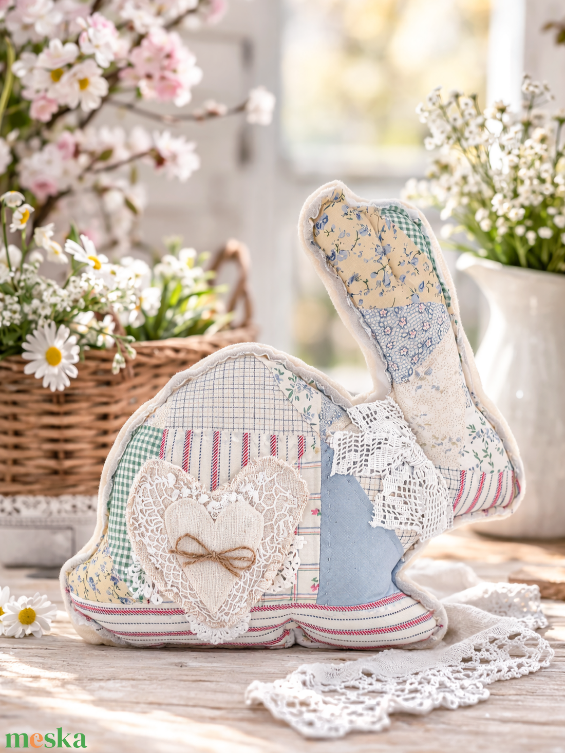 Textil húsvéti nyuszi dekoráció - nagyméretű - ünnepi díszek, dekorációk - húsvéti díszek és dekorációk - húsvéti virágos díszek - Meska.hu