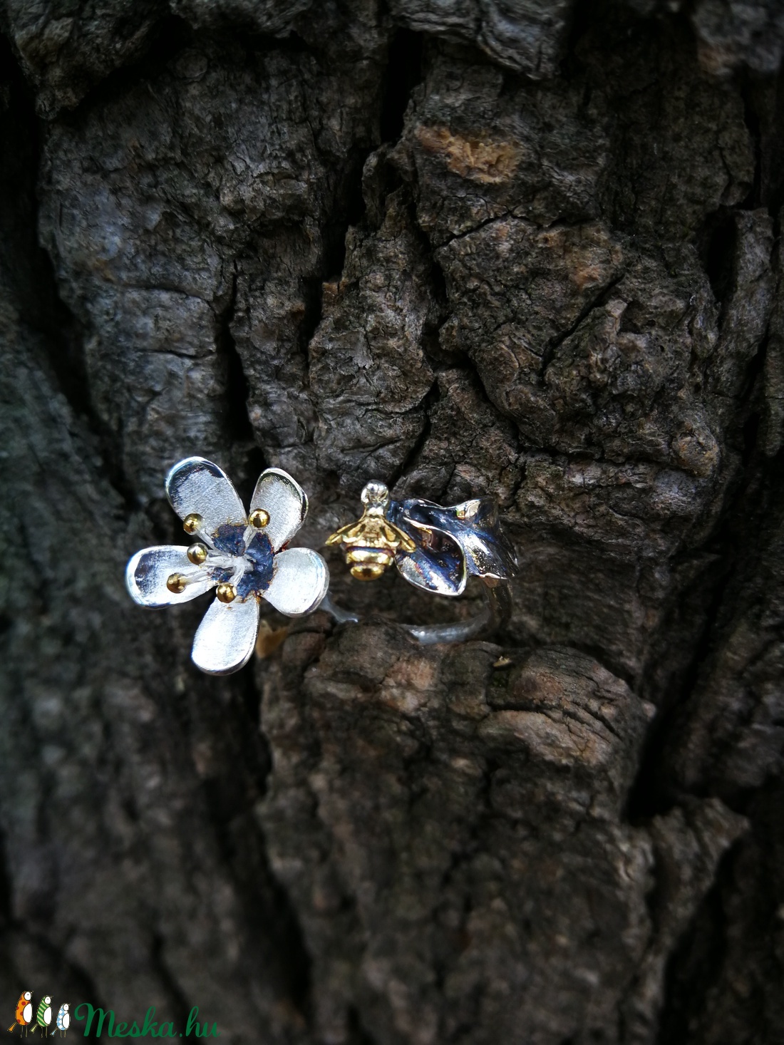 Ezüst virág, méhecske gyűrű -  - Meska.hu
