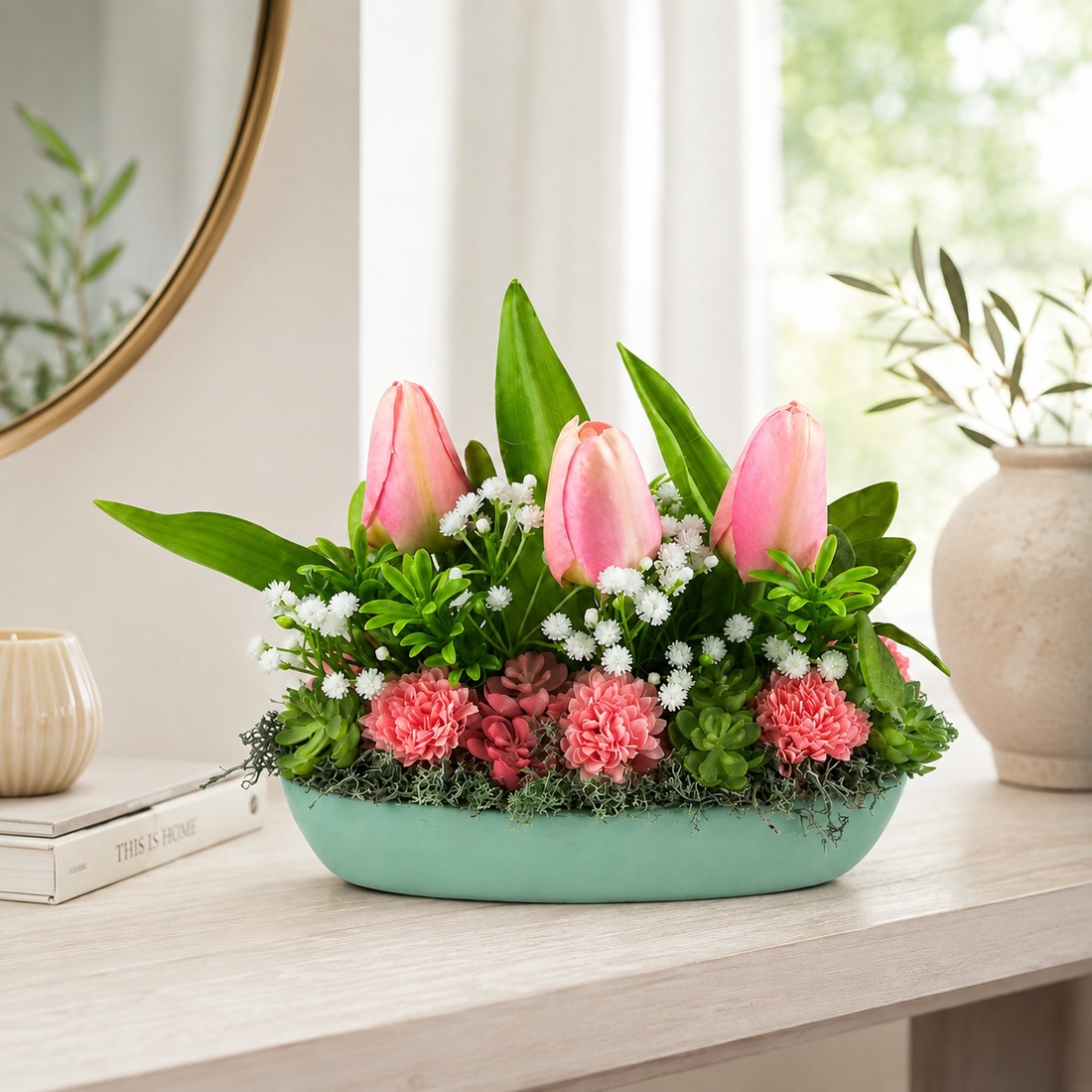 Tulipános asztaldísz csónak alakú kerámiapormánia kaspóban - otthon & életmód - dekoráció - asztal és polc dekoráció - asztaldísz - Meska.hu
