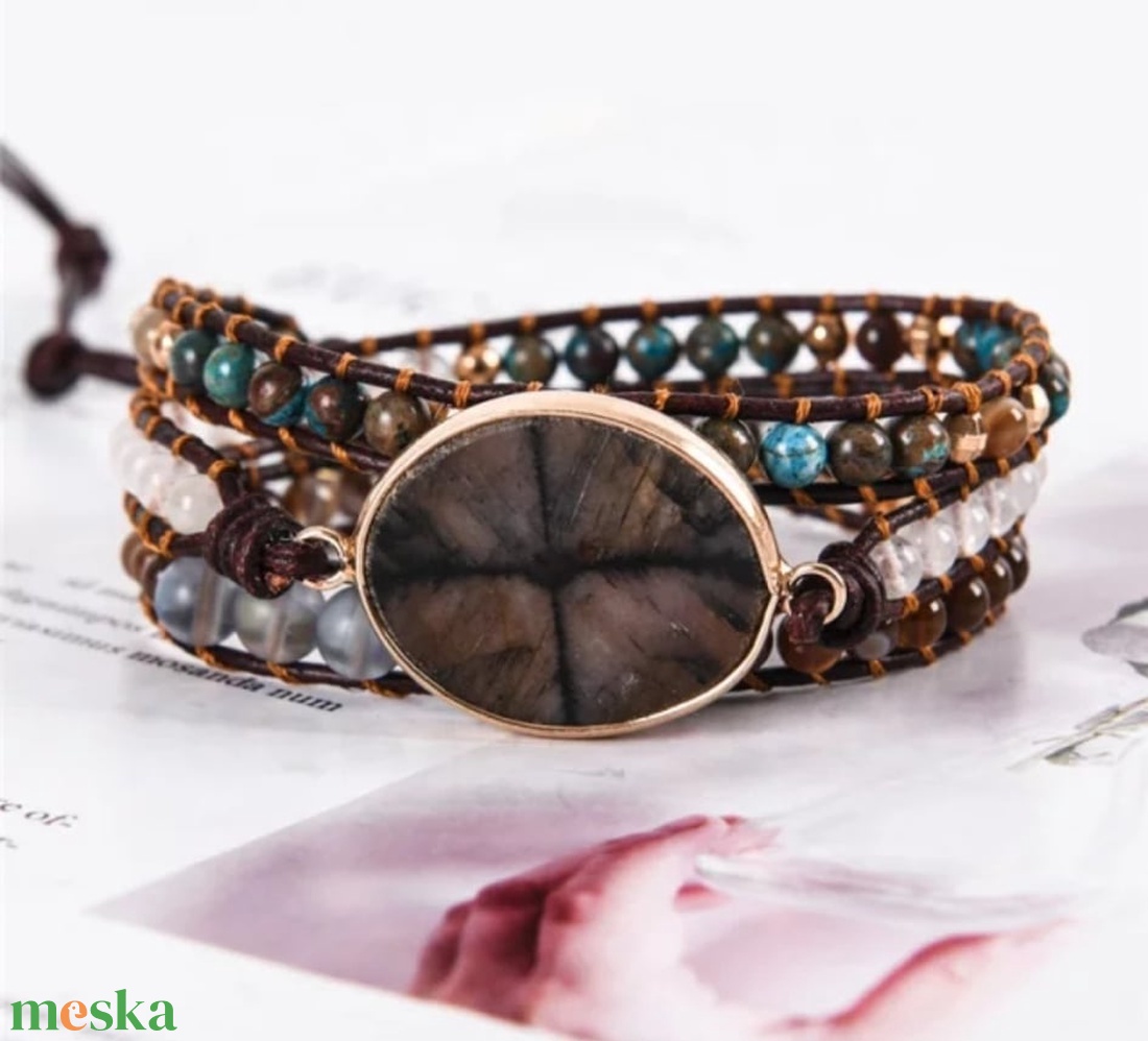 Amazonit Gyöngyös karkötő , Állítható méret karkötő, bohém stílus - ékszer - karkötő - gyöngyös karkötő - Meska.hu