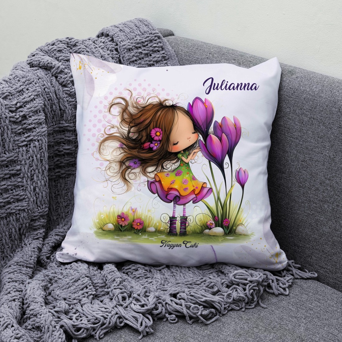 Névvel kérhető - Cuki krókusz virágos tündér mintás párna - otthon & életmód - lakástextil - párna & párnahuzat - díszpárna (belsővel együtt) - Meska.hu