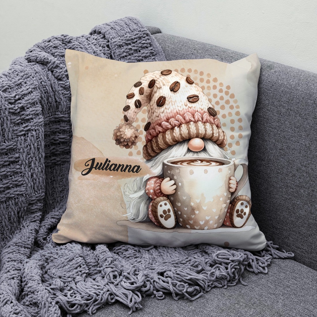 Névvel kérhető - Nagy bögrés kávés manó mintás párna - otthon & életmód - konyhafelszerelés, tálalás - tálalás - bögre & csésze - Meska.hu