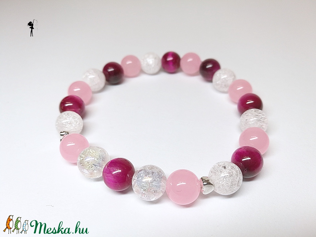 Pink tigrisszem ásványkarkötő jádéval, roppantott hegyikristállyal és aura kvarccal -  - Meska.hu