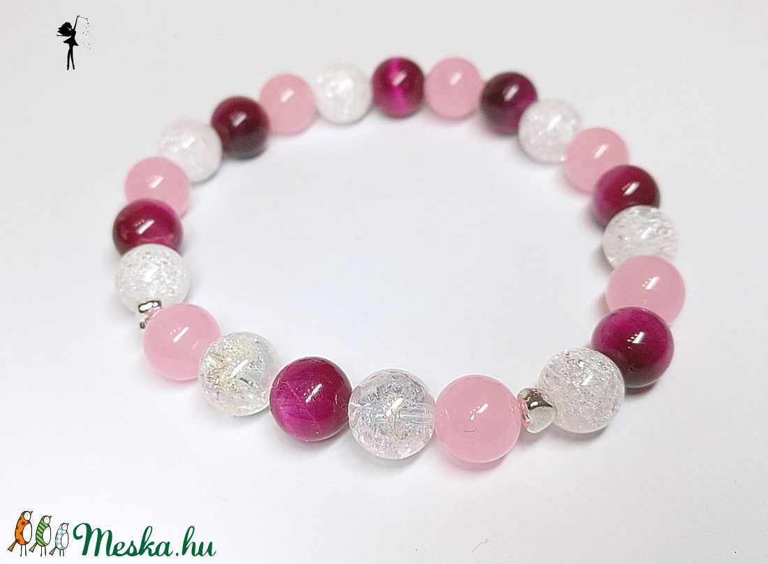 Pink tigrisszem ásványkarkötő jádéval, roppantott hegyikristállyal és aura kvarccal -  - Meska.hu