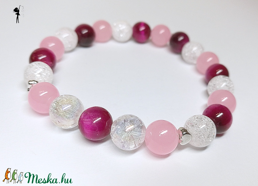 Pink tigrisszem ásványkarkötő jádéval, roppantott hegyikristállyal és aura kvarccal -  - Meska.hu