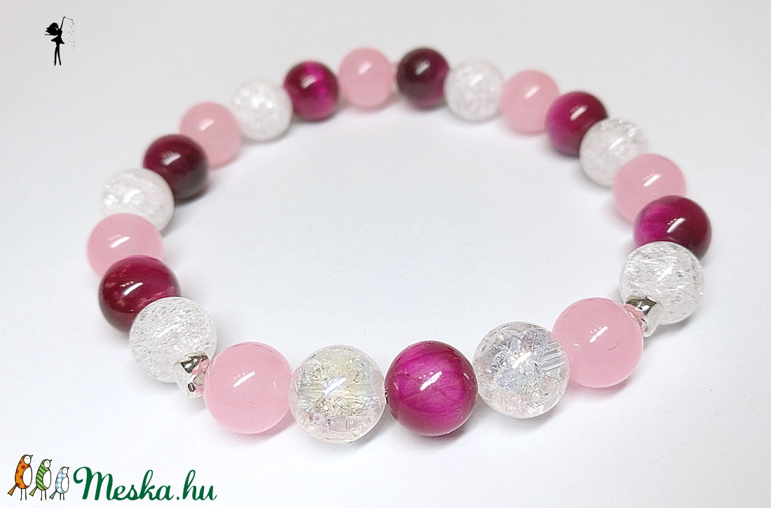 Pink tigrisszem ásványkarkötő jádéval, roppantott hegyikristállyal és aura kvarccal -  - Meska.hu