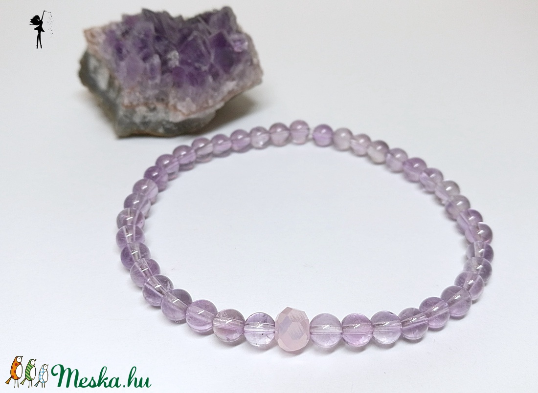 Ametiszt minimál karkötő rózsaszín csiszolt üveggyönggyel - ékszer - karkötő - gyöngyös karkötő - Meska.hu