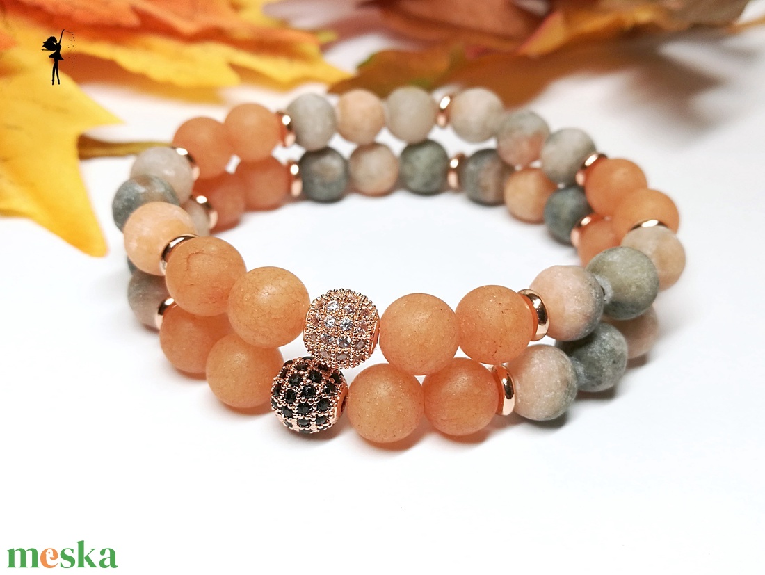 Matt ásványkarkötő páros narancs zebra jáspisból, aventurinból, rózsaarany cirkónia gömbökkel és korongokkal - ékszer - karkötő - gyöngyös karkötő - Meska.hu