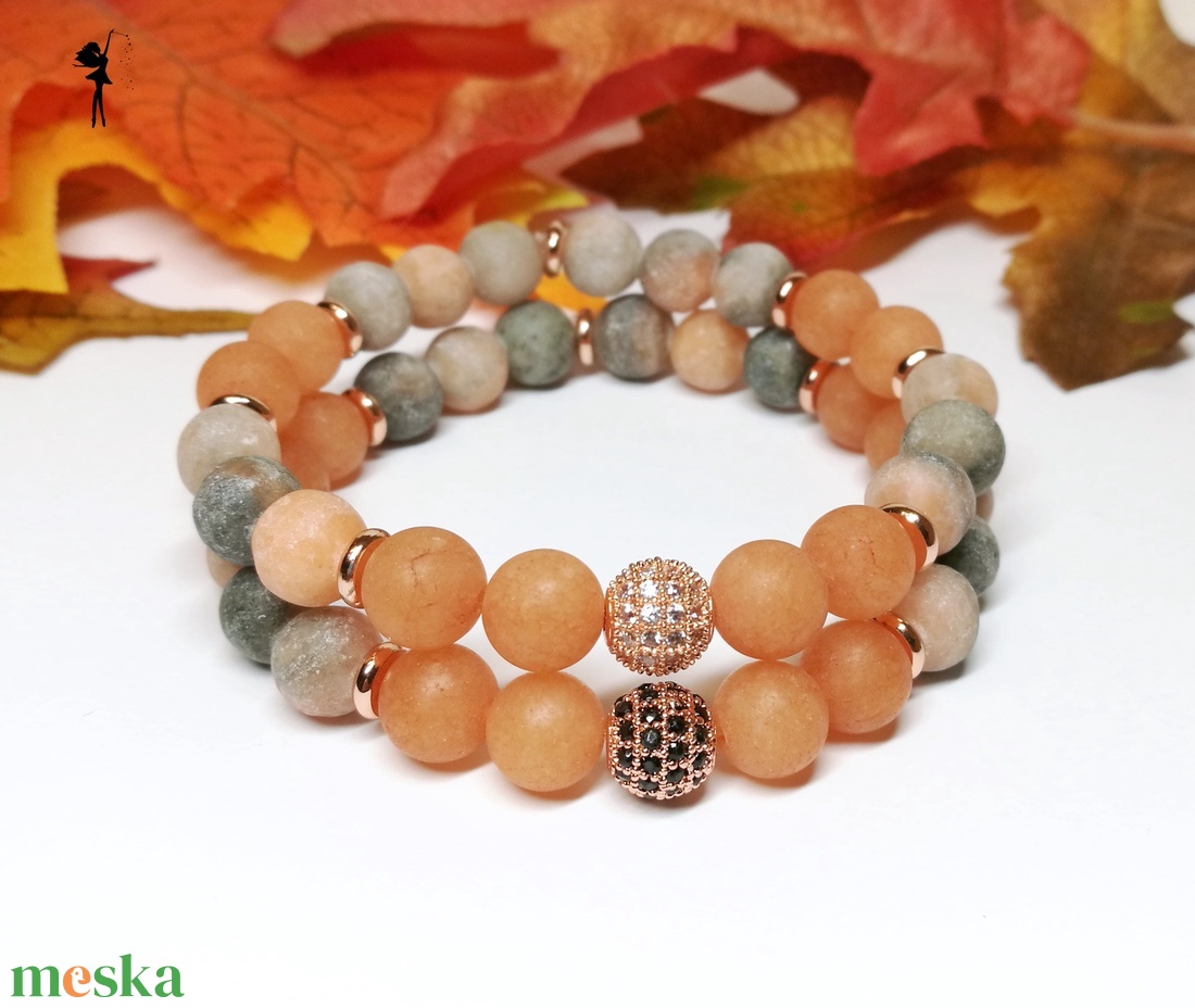 Matt ásványkarkötő páros narancs zebra jáspisból, aventurinból, rózsaarany cirkónia gömbökkel és korongokkal - ékszer - karkötő - gyöngyös karkötő - Meska.hu