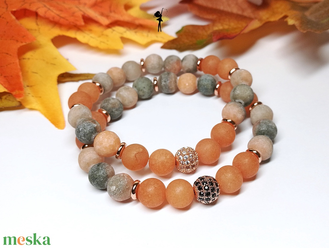 Matt ásványkarkötő páros narancs zebra jáspisból, aventurinból, rózsaarany cirkónia gömbökkel és korongokkal - ékszer - karkötő - gyöngyös karkötő - Meska.hu