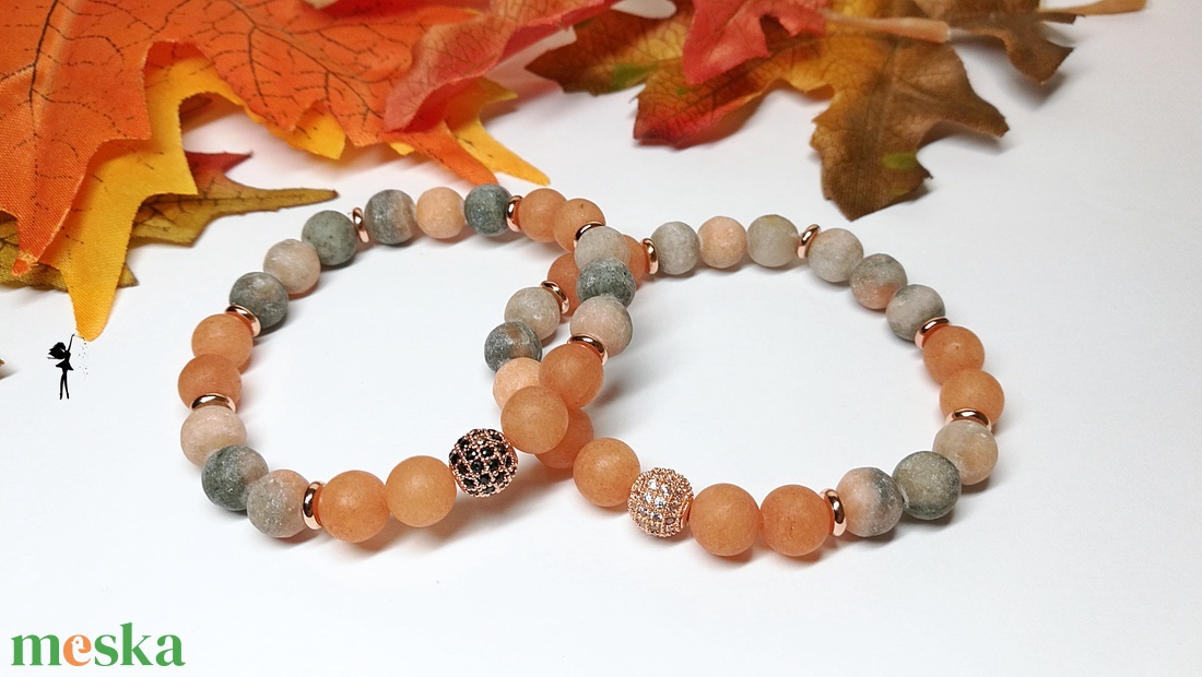 Matt ásványkarkötő páros narancs zebra jáspisból, aventurinból, rózsaarany cirkónia gömbökkel és korongokkal - ékszer - karkötő - gyöngyös karkötő - Meska.hu