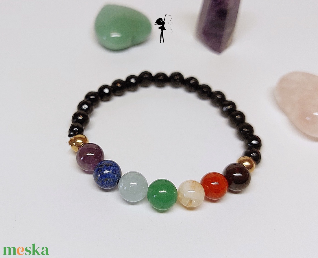 Hét csakrás ásványkarkötő csiszolt fekete acháttal - ékszer - karkötő - gyöngyös karkötő - Meska.hu
